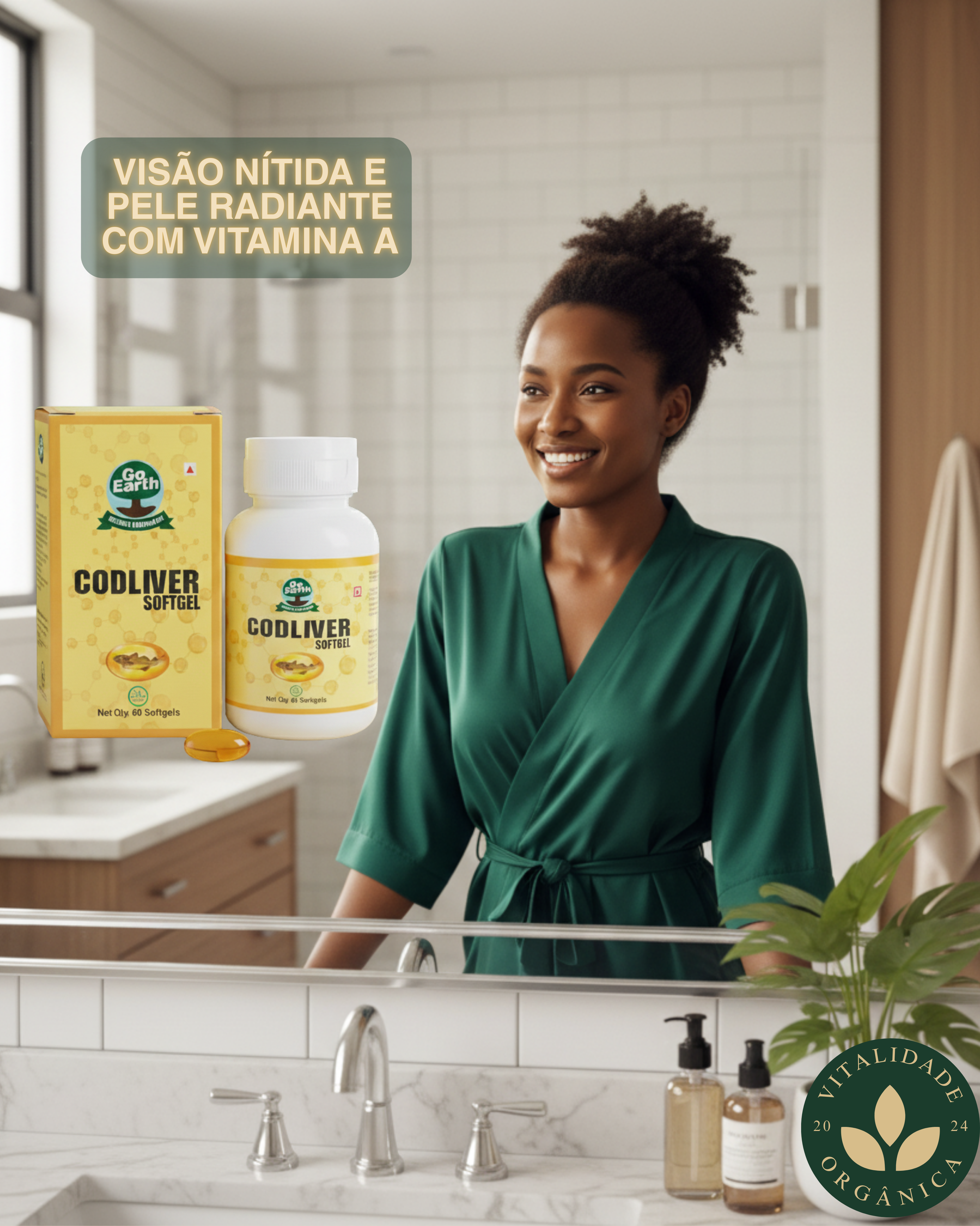 Ômega 3 - Óleo de fígado de bacalhão com vitamina A & D3 - 60 Softgels - Go Earth