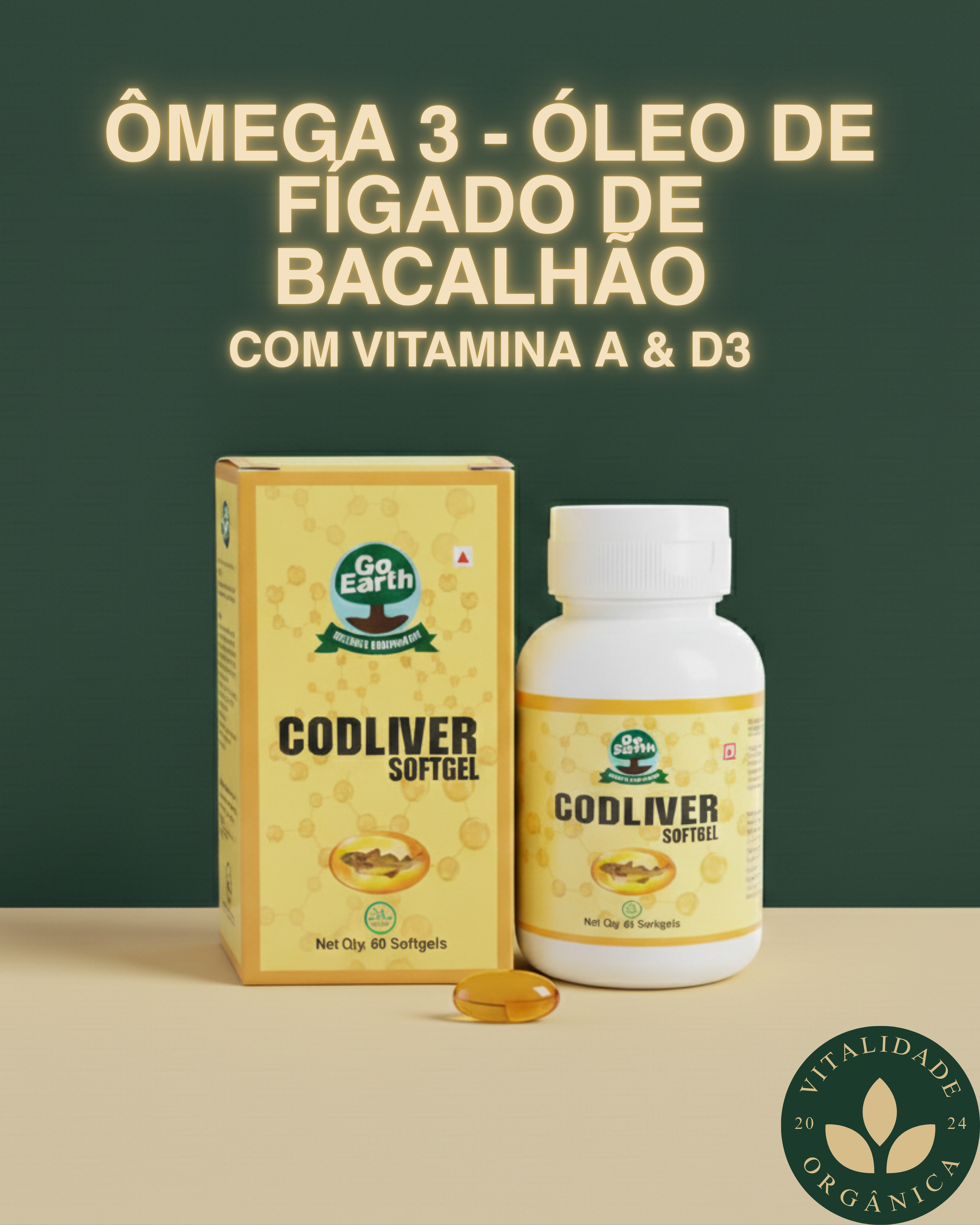 Ômega 3 - Óleo de fígado de bacalhão com vitamina A & D3 - 60 Softgels - Go Earth