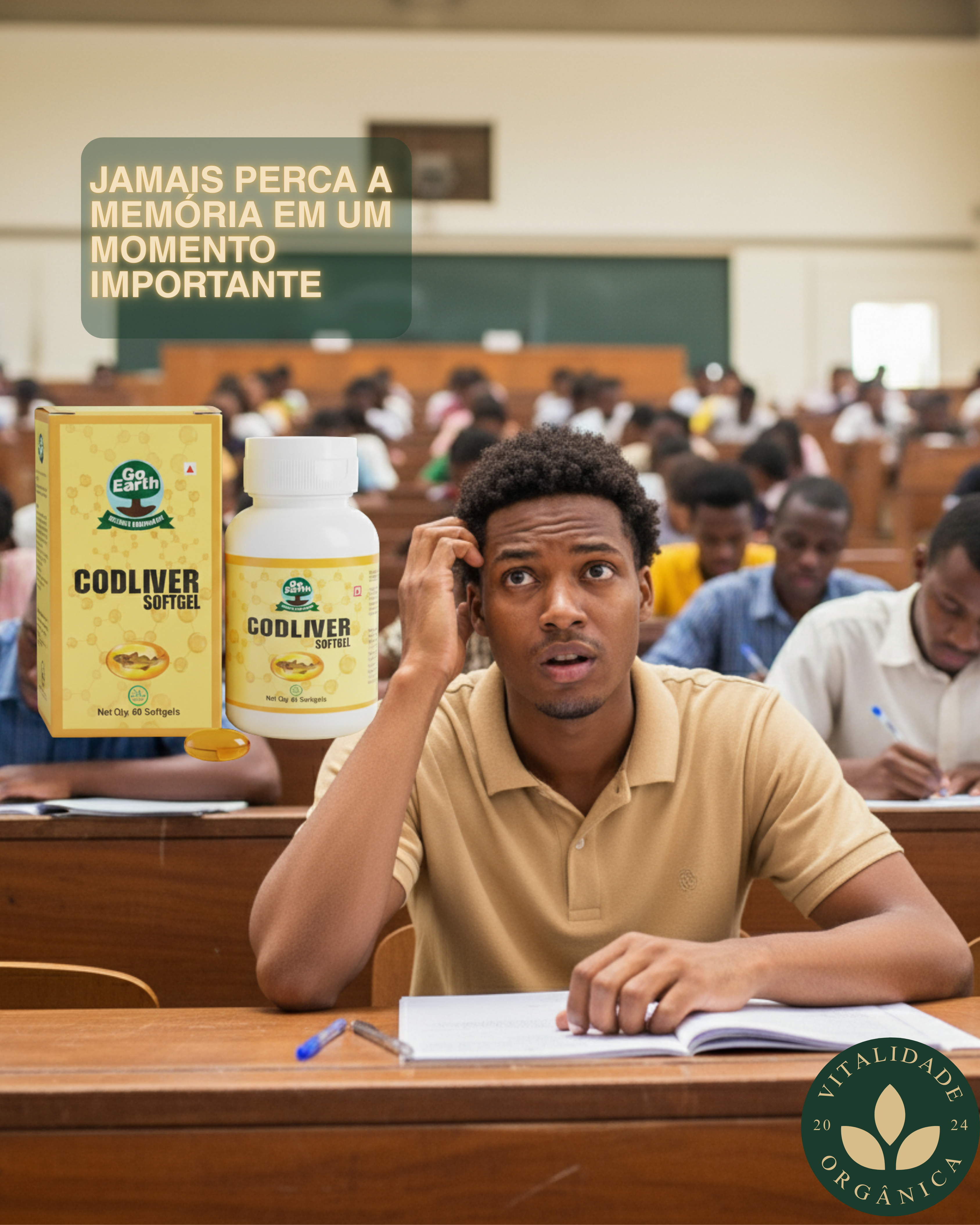 Ômega 3 - Óleo de fígado de bacalhão com vitamina A & D3 - 60 Softgels - Go Earth